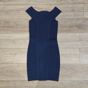 NWT Le Chateau Elegant Navy Blue Ribbed  Off-Shoulder Bodycon Dress